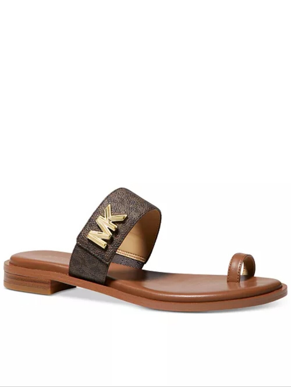 Michael Kors Women's Jilly Toe-Ring Slide Logo Flat Thong Sandals Brown/Gold
